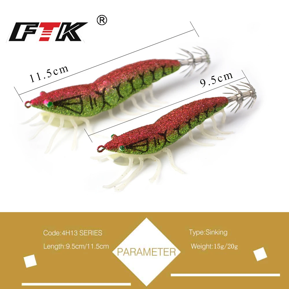 FTK Squid Hook 1PC 3.0g/3.5g 6 Colors Fishing Lures Squid Jig Bait noctilucent Shrimp Lure 3D eyes  For  Fishing Tackle