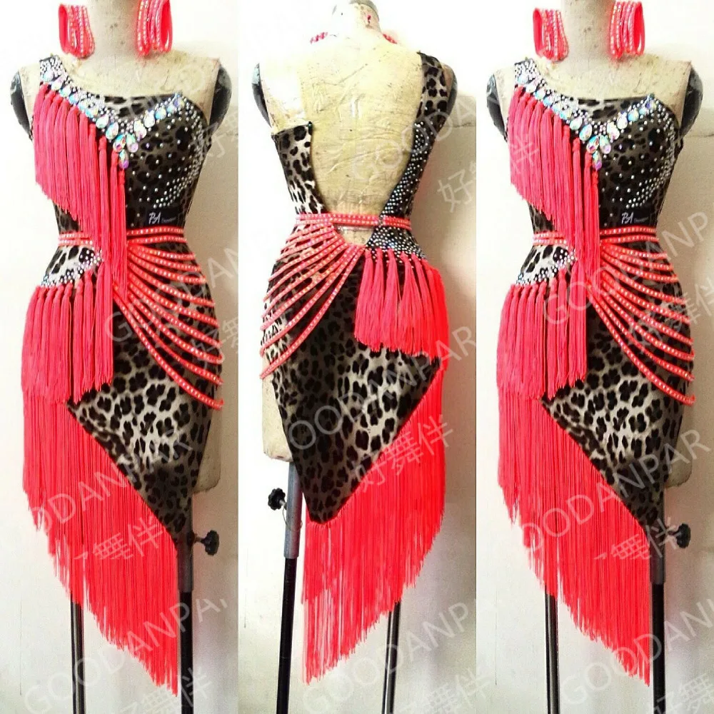 

New ballroom dance competition dresses crystal AB fringe latin dance competition costumes Sexy leopard latin dance dress women