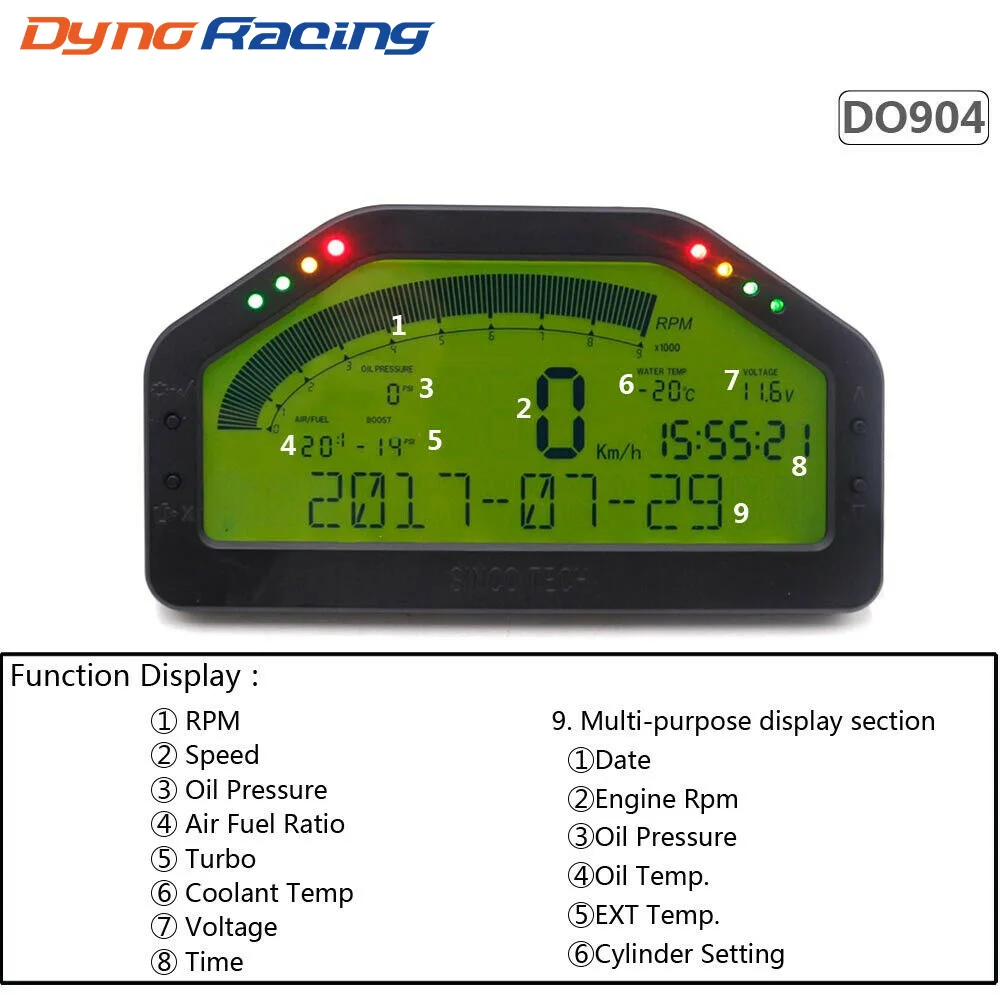 LCD Digital 9 in1 Multi-Function Gauge Car Dashboard Tachometer LED Gauge Full Sensor Kit Car Meter Rally Gauge DO904