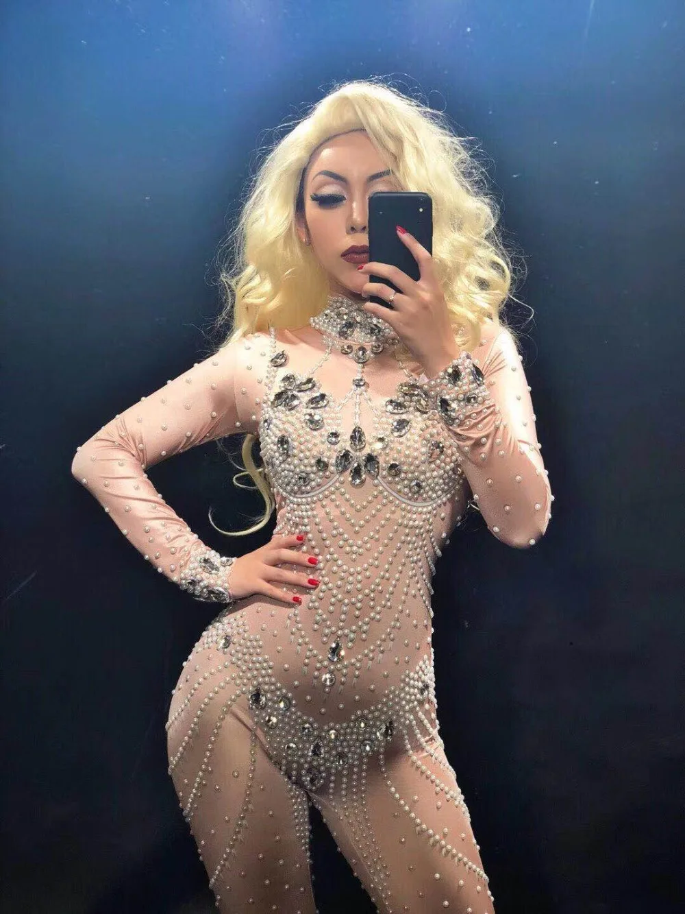 Cristalli dorati scintillanti Perle rosa Tuta Pietre Body elasticizzato Compleanno da donna Festeggia leggings sexy per spettacoli teatrali