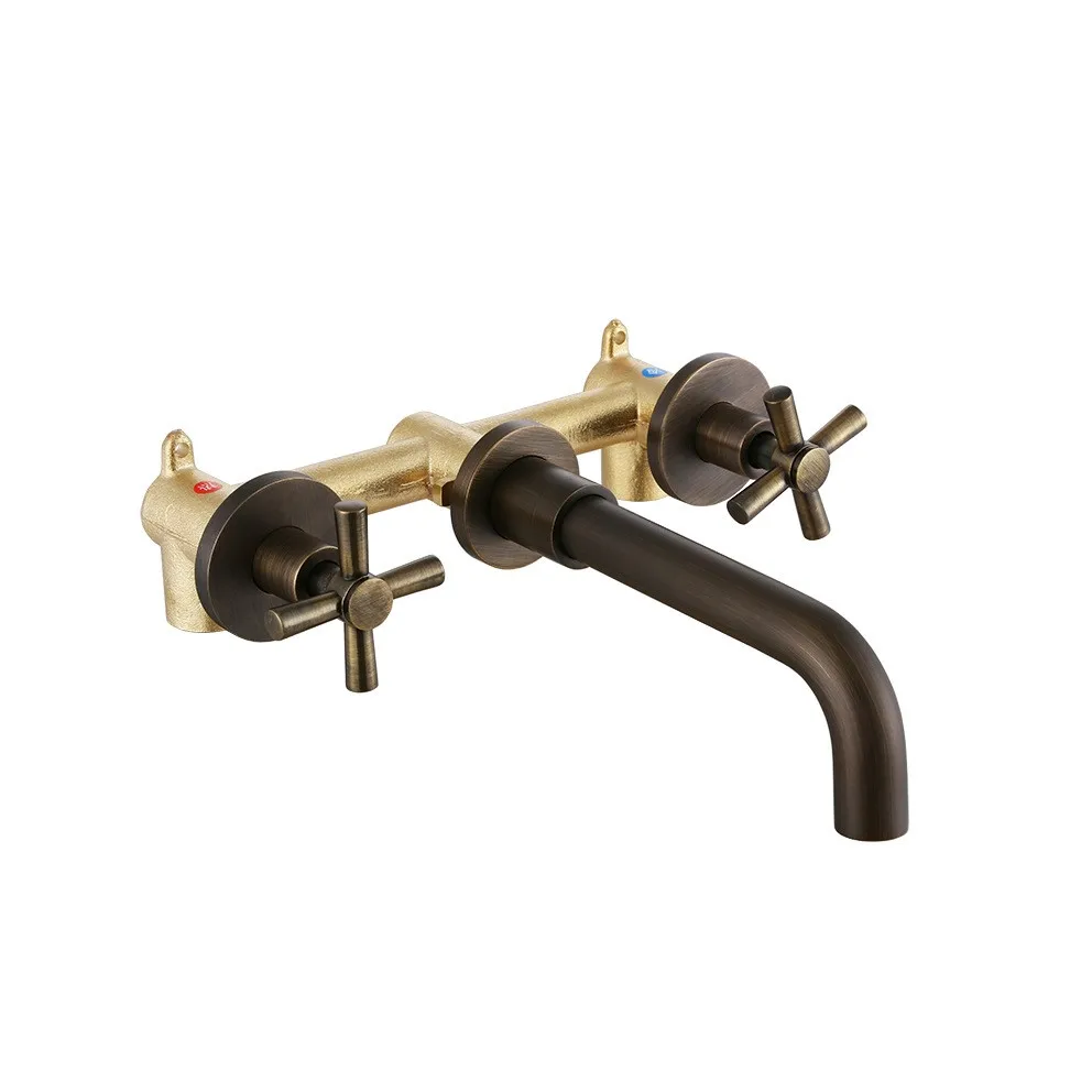 Antique brass Bathroom Faucet, Double Handle Wall Mounted Bathroom Sink Faucet and Rough in Valve Included Rotatable spout