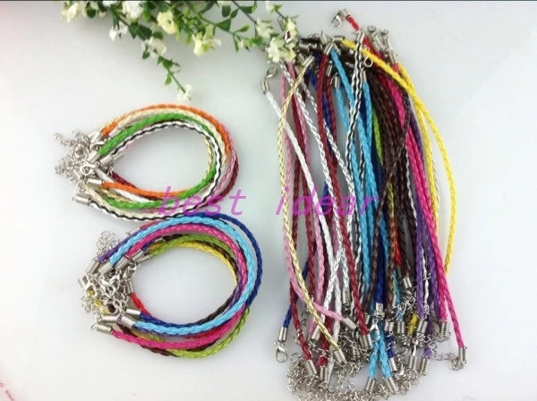 

100pcs Mixed color Leather Braided Charm Bracelet For Bead lobster Clasp Cords 18cm ,free shipping, FB-886