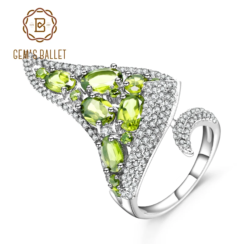 GEM\'S BALLET 4.43Ct Natural Peridot Gemstone Open Finger Ring Real 925 Sterling Sliver Vintage Punk Ring For Women Fine Jewelry