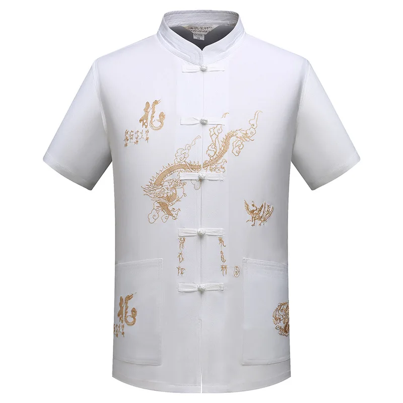 Chinese Traditional Tang Clothing Top Mandarin Collar Kung Fu Wing Chun Garment Top Short Sleeve Embroidery Dragon Shirt M-XXXL