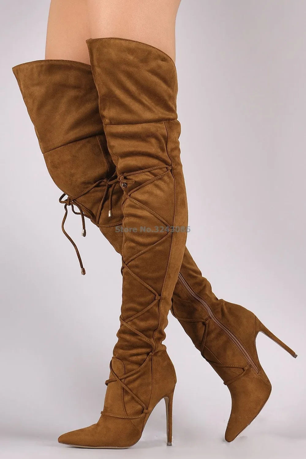 Black Brown Gray Khaki Knee High Long Boots Cross Tied Pointed Toe Faux Suede Lady Boots Side Zipper Thin High Heel Boots