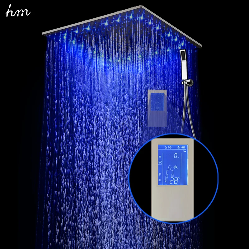 hm Bathroom Ceiling LED Shower System Set 24Inch Rainfall Shower Head Panel Intelligent Digital Thermostatic Mixer Faucets