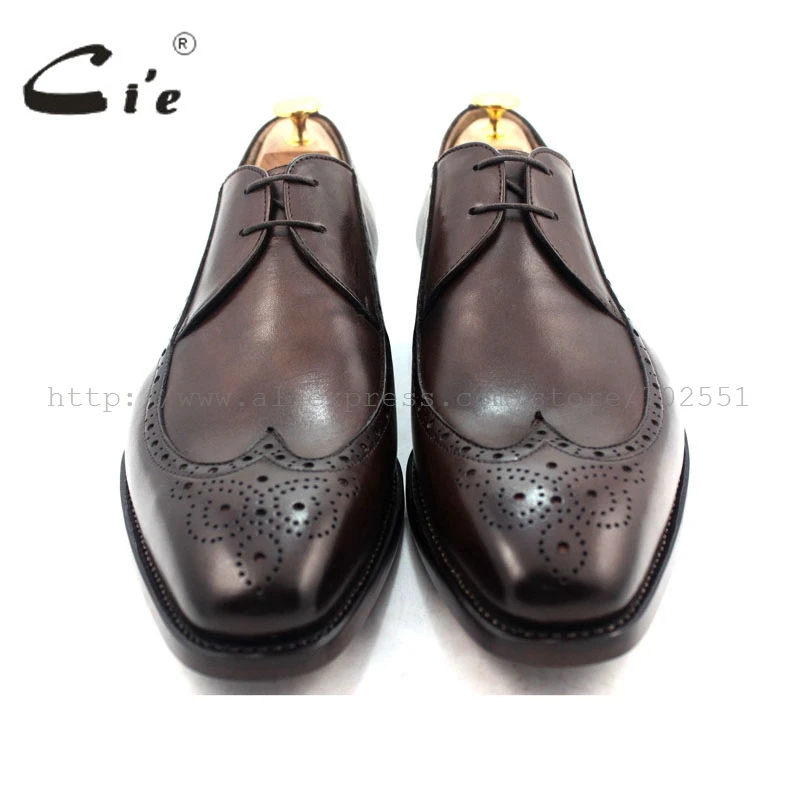 cie Full Brogues Goodyear Welted Custom Handmade Pure Genuine Calf Leather Men\'s Flats Dress/classic Derby  Dark Coffee Shoe D61