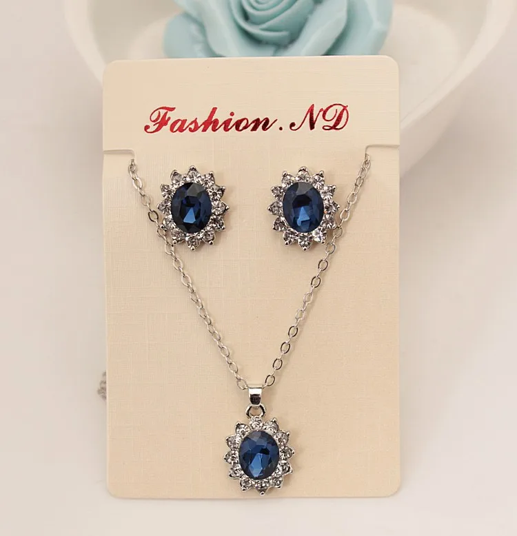 New Luxury Blue Royal Princess With Inlaid Imitation Gemstone Crystal Necklace Earrings Set Female Bride Set Party Jewelry High