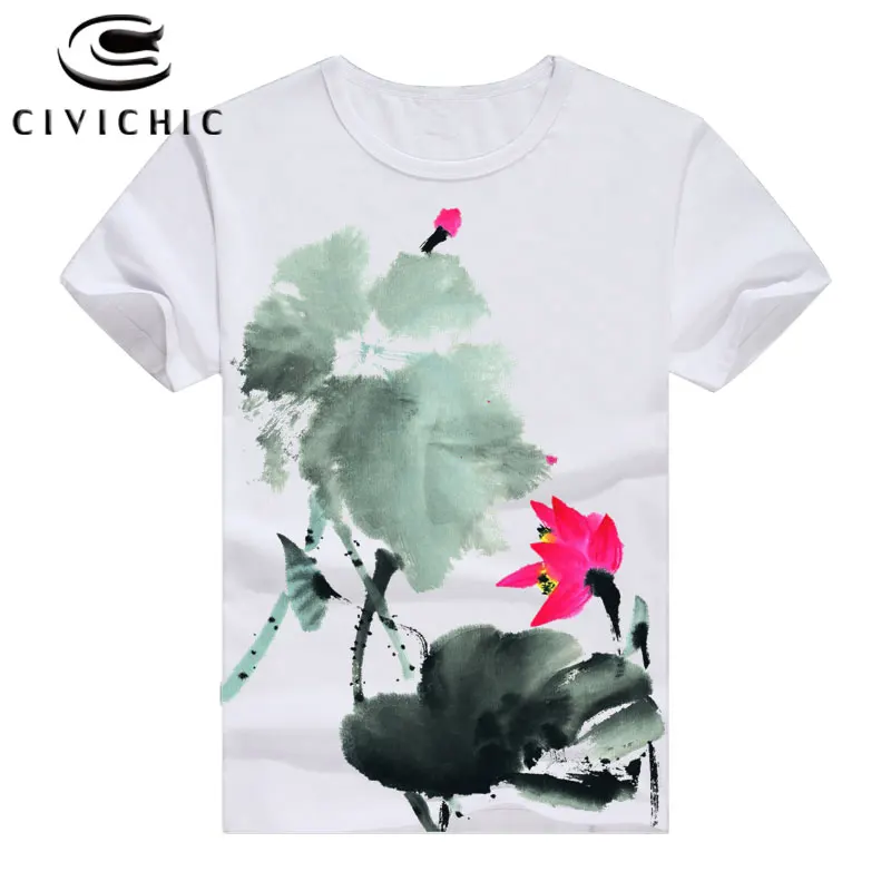 CIVICHIC Chinese Ethnic Plus Size T Shirt Woman Floral Oriental Scenery Ink Painting Print Tops Men Groot Loose Tee Blusa WST123