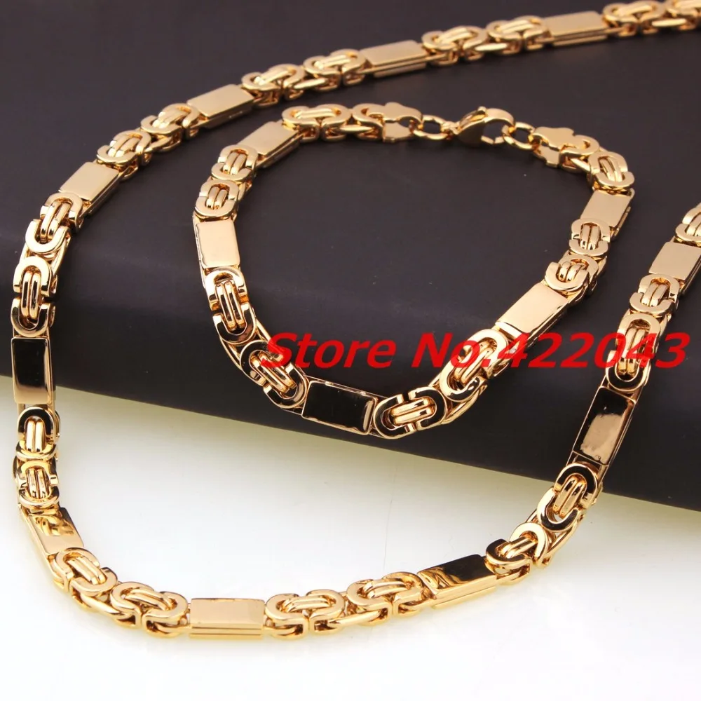 

6mmx55cm Necklace + 6mmx22cm bracelet boy Mens Womens Chain Gold Tone Flat Byzantine Link Chain Stainless Steel Jewelry