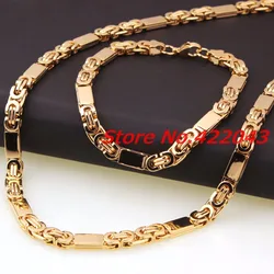 6mmx55cm Necklace + 6mmx22cm bracelet boy Mens Womens Chain Gold Tone Flat Byzantine Link Chain Stainless Steel Jewelry