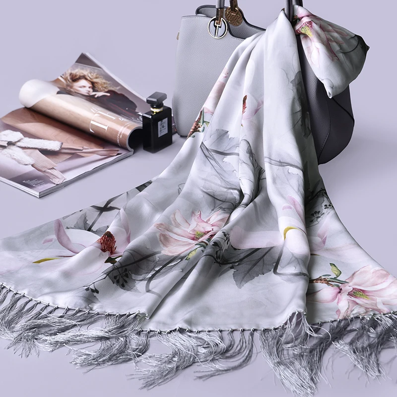 

Double-Sides Tassels 100% Silk Shawls Women Luxury Lotus Print Real Silk Wraps Ladies Chinese Pure Silk Scarf 175x50cm