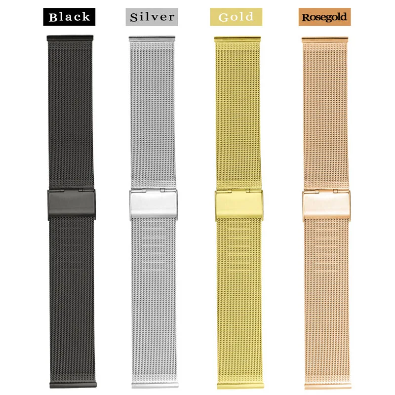 8 10 12 13 14 15 16 17 18 19 20 21 22 23 24mm Stainless Steel ML Loop Meshed Watch Band Strap w Fold Buckle Release Pins