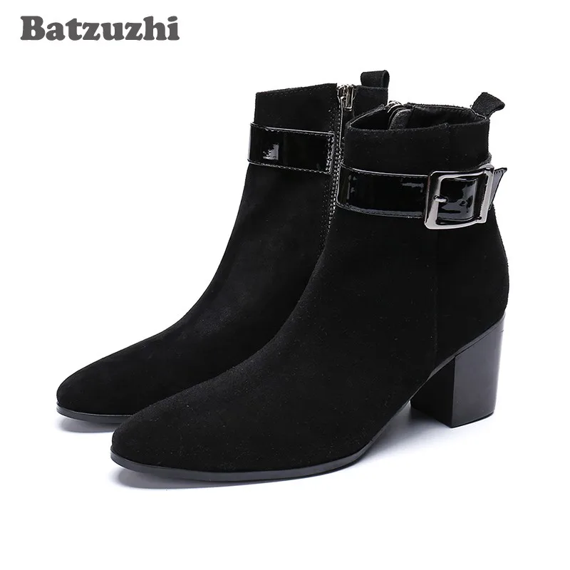 Batzuzhi Korean Type Men Boots Pointed Toe Black Suede Ankle Boots Men Knight Party Boots for Men Bota Masculina, Big US6-12