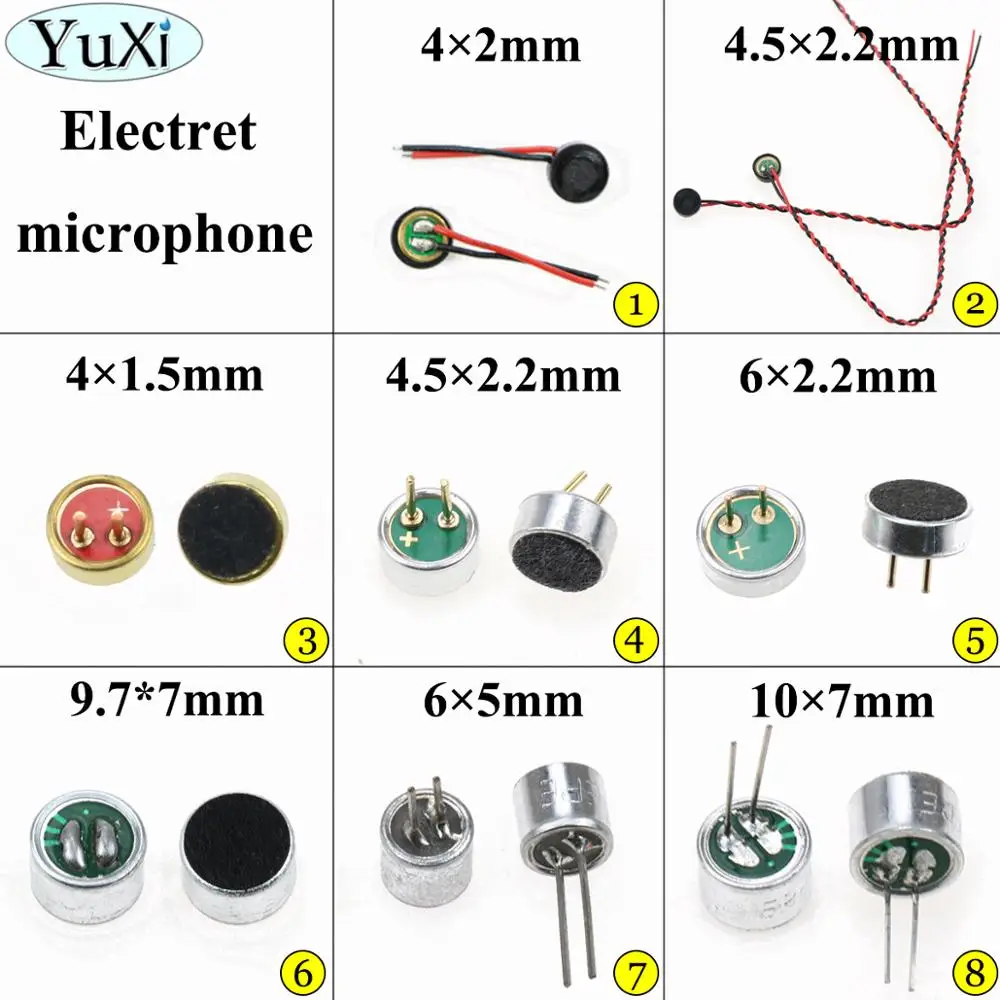 YuXi Electret Condenser Microphone MIC Capsule 2pin 4x2mm/4x1.5mm/4.5*2.2mm/6x2.2mm/9.7x7mm/6x5mm/10x7mm microphone pickup