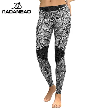 NADANBAO 2025 Gri Mandala Tayt Kadın Çiçek Dijital Baskı Spor Legging Egzersiz Yüksek Bel Slimm Giyim