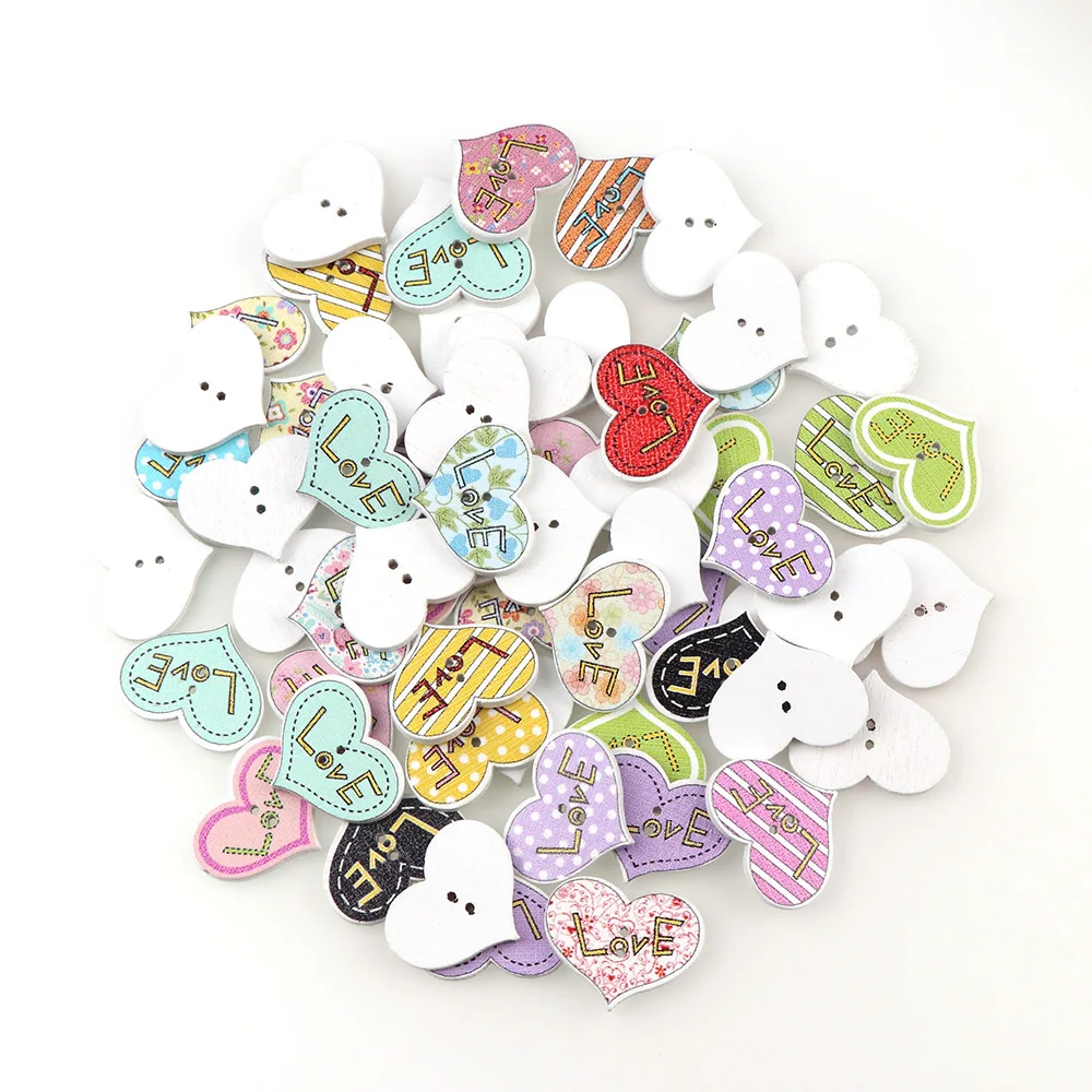 50PC 20x25mm Mixed Color 2 Holes Decorative Buttons Love Heart Shape Cartoon Animals Wood Buttons Sewing Scrapbooking