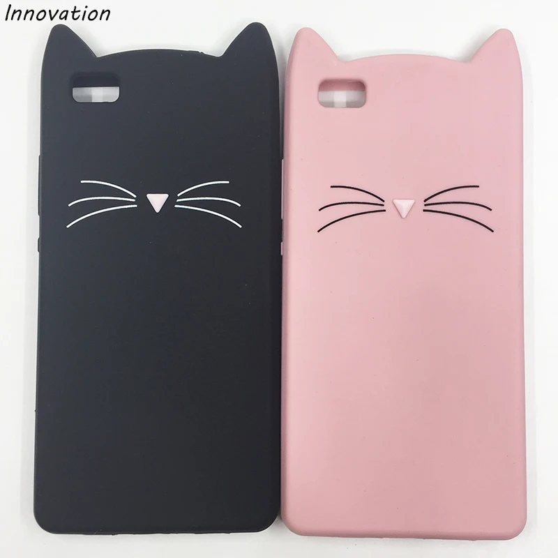 3D Cute Cartoon Black Pink Beard Cat Ears Silicone Case For Huawei P8 Lite P8Lite 2015 2016 ALE-L21 Rubber Coque Back Cover