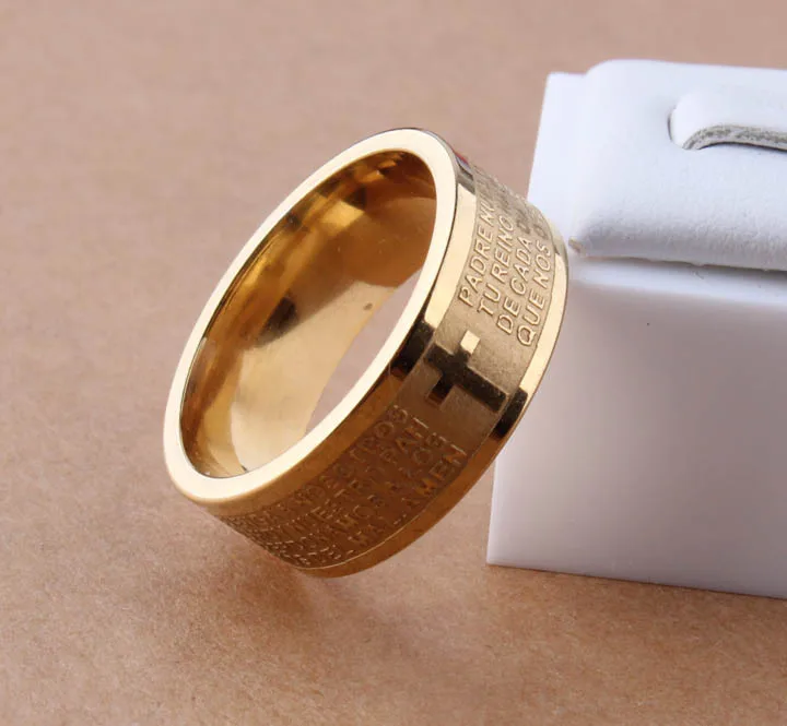 7mm Tone Spanish Golden The Holy Bible Prayer Cross Ring Stainless Steel Rings Wholesale