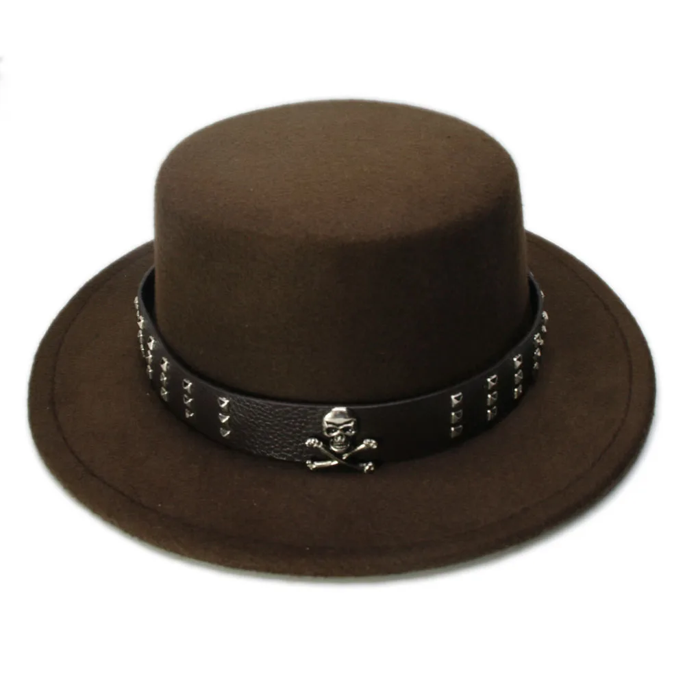 LUCKYLIANJI Women Men Vintage Wool Felt Wide Brim Top Cap Pork Pie Pork-pie Bowler Hat Skull Bead Leather Band (57cm/Adjust)