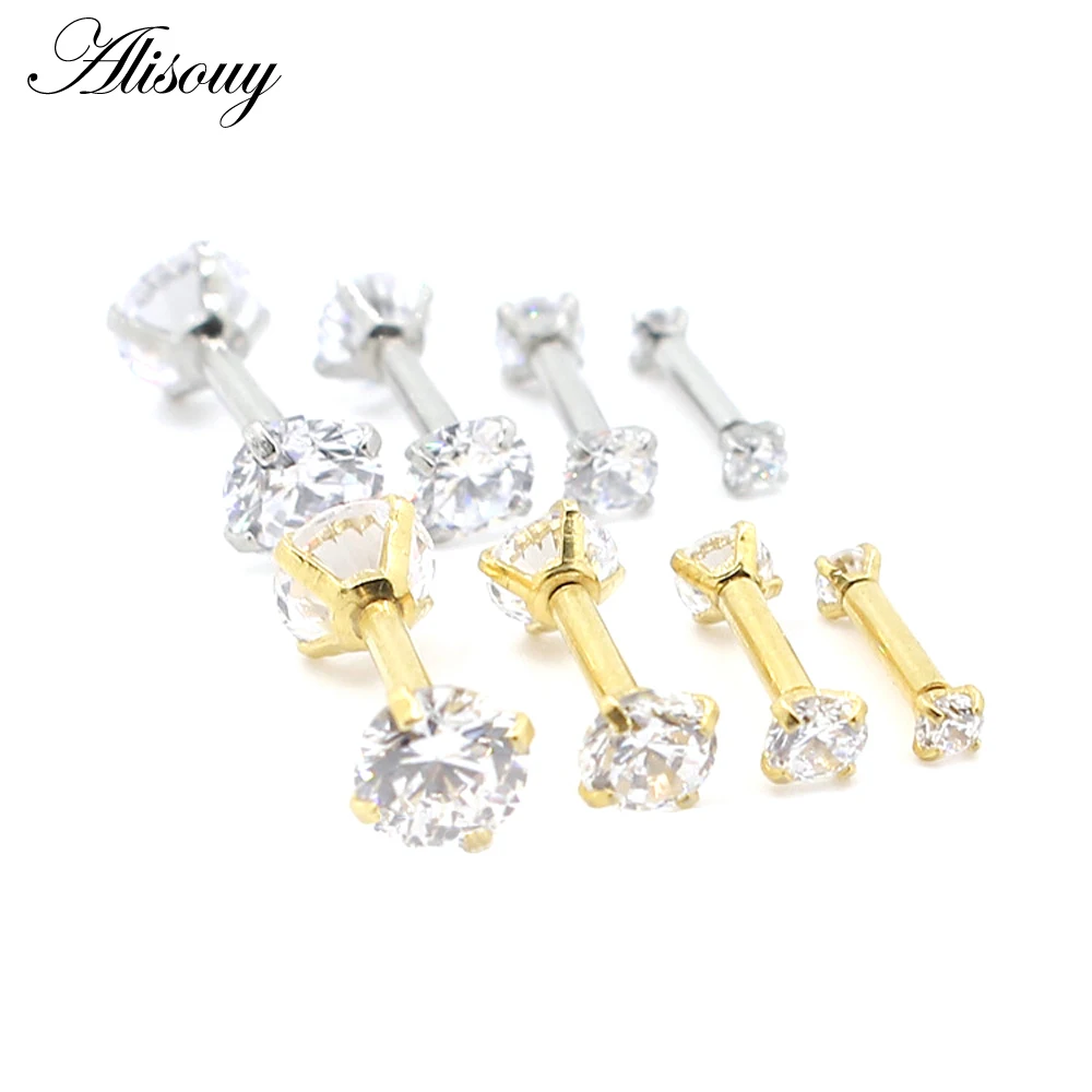 Alisouy 2 pcs Punk Style Piercing Barbell Ear Cartilage Tragus Helix Stud Double Zircon Body Jewelry For Man Women Studs 1.2mm