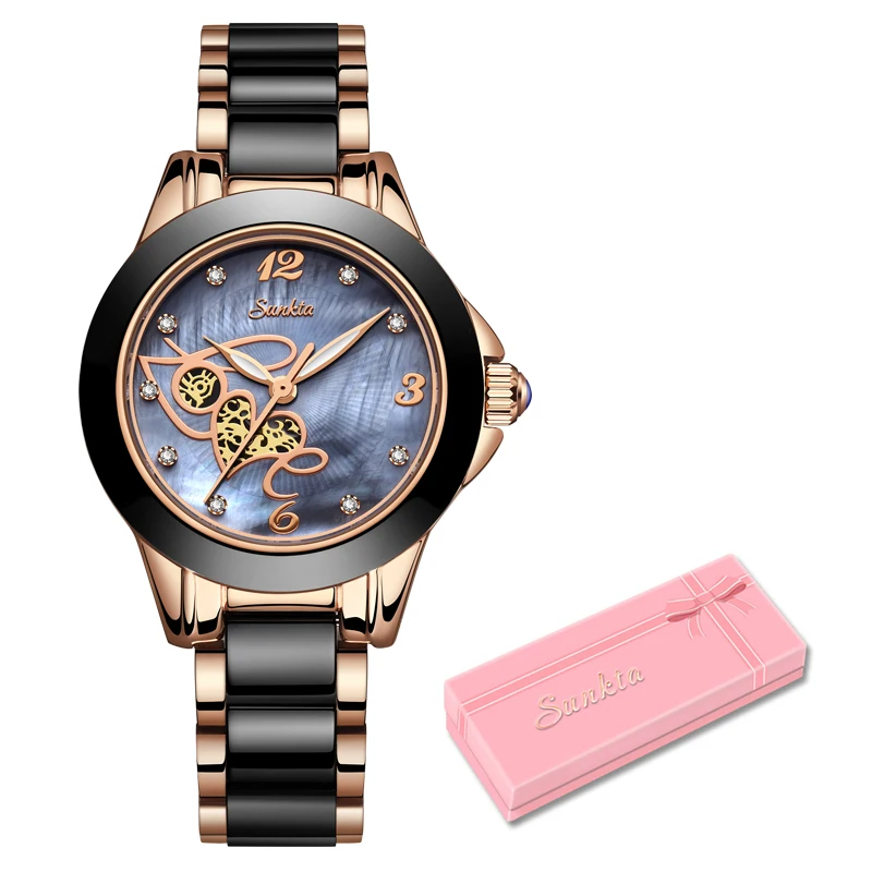 SUNKTA Top Quality Ladies Rhinestone Watch Luxury Rose Gold Black Ceramic Waterproof Watches Woman Classic Series Ladies Watch