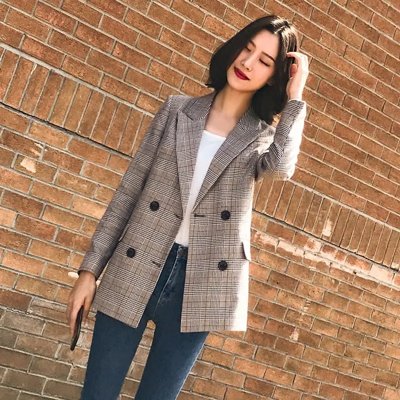 Vintage Notched Bouble Breasted Plaid Women Blazer Thicken Autumn Winter Jackets Female Retro Suits Coat Work high quality