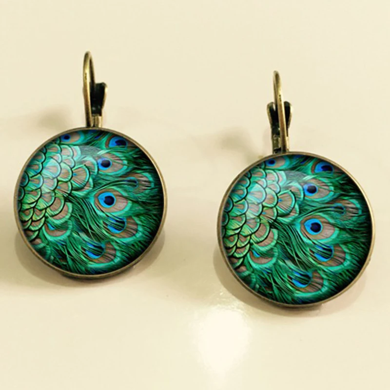 Vintage Green Peacock Feather Earrings For Women Bronze Plated Glass Dome Cabochon Earrings Jewelry
