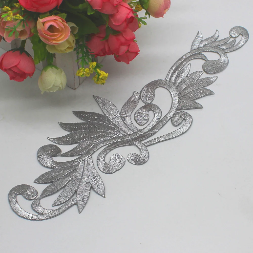 Gold Embroidered Patches Iron On Appliques Flower Diy Trims Metallic Gold And Silver 28*8cm