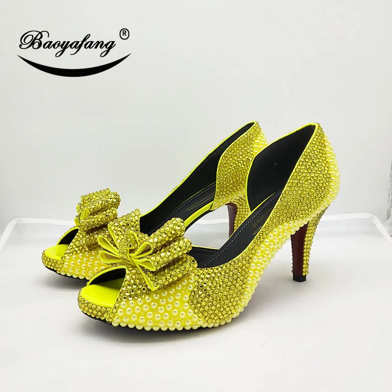 BaoYaFang Lemon Yellow Crystal Pearl women wedding shoes woman High heel pumps women Bowtie Red sole fashion shoe Royal Blue