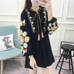 Cheshanf Women Embroidery Dress Long Sleeve Autumn Dress Blue Red White Black Casual A Line Short dress