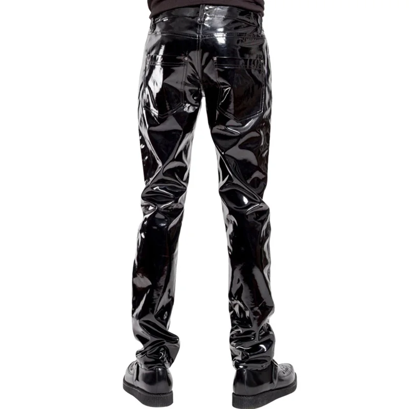 Sexy Low Waist Pants For Men Wet Look Latex Vinyl Zipper Trousers Fashion Faux Leather Plus Size Pole Dance Fetish Men Pants