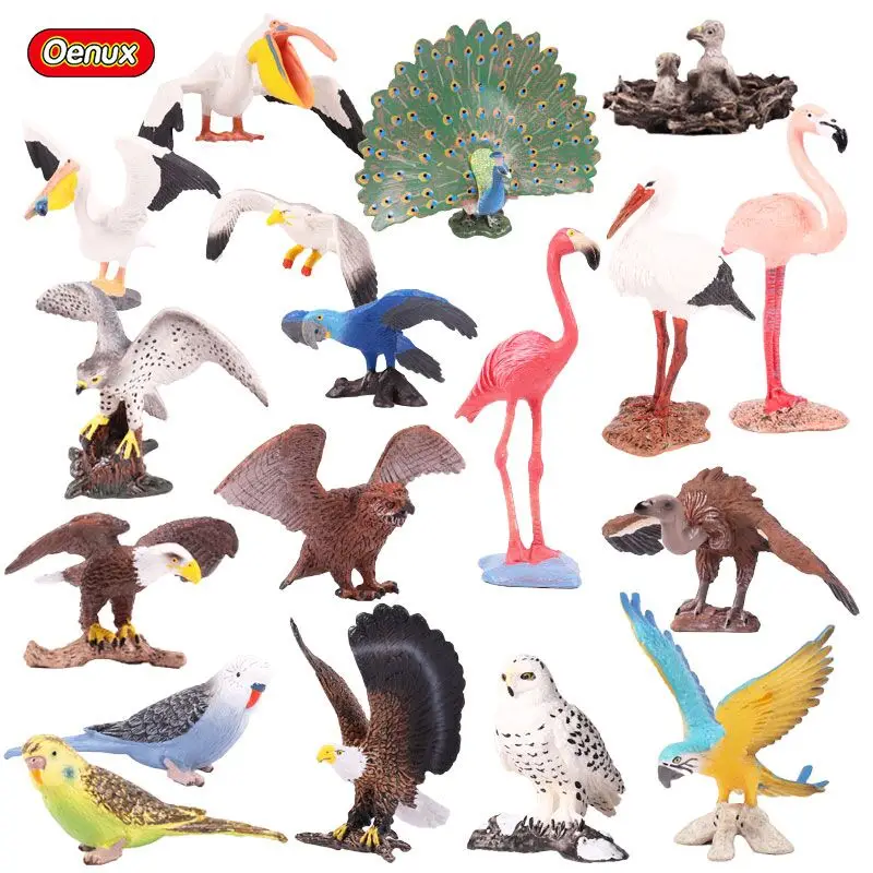 Oenux Original Bird Paradise Flamingos Macaw Sea Gull Snowy Owl Parrot Figurines High Quality PVC Animals Action Figure Kid Toy