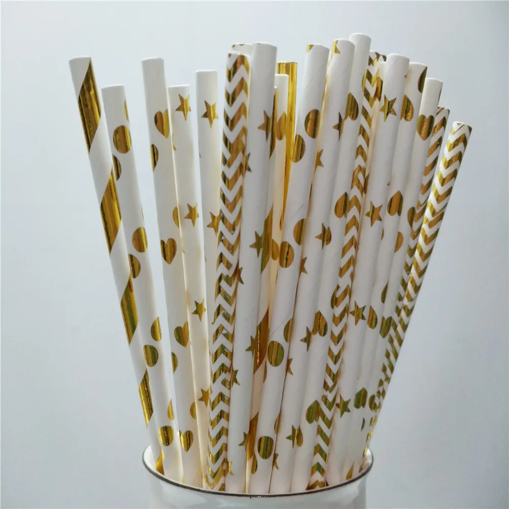 25pcs Drinking Paper Straws Metallic Gold heart star Foil Stripe Birthday Party Festive Supplies Decoration Paper  Straws