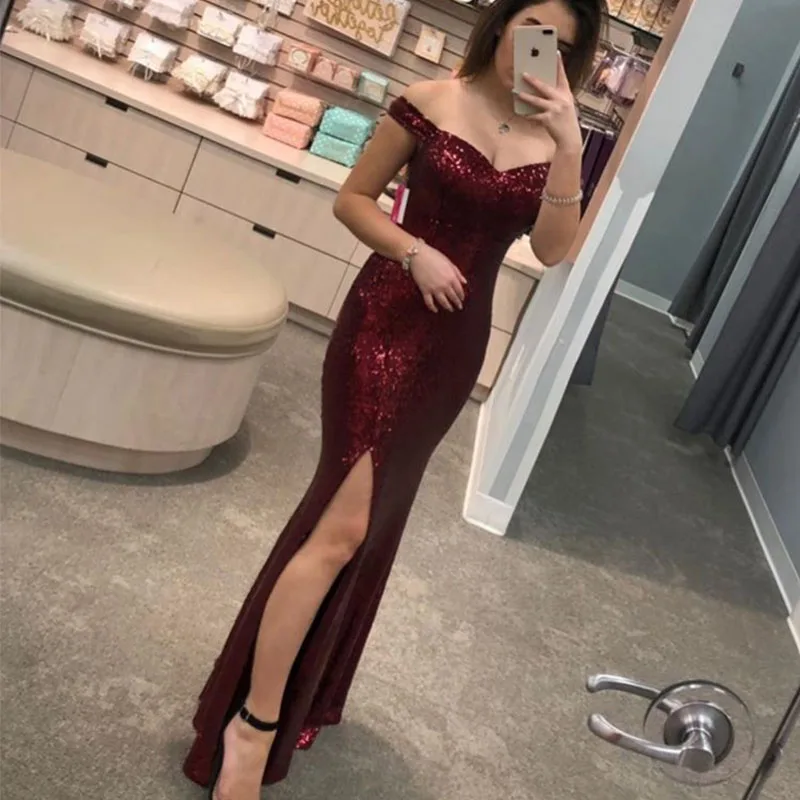 

Sexy Mermaid Sequined Evening Dress Off Shoulder Front Split Vestido De Noite Full Length Women Formal Evening Party Gowns New