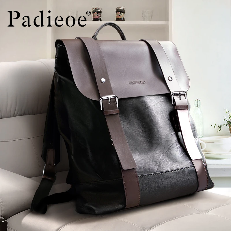 Padieoe men backpack bookbag mens bag genuine leather luxury college back pack fashion waterproof travel luggage bag laptop