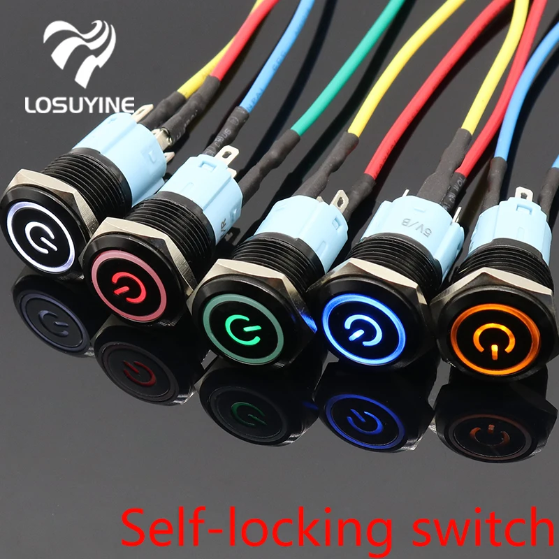 LED Locking 16mm Waterproof Metal Push Button Switch maintained metal switch Latching push button 5V 12V 220V