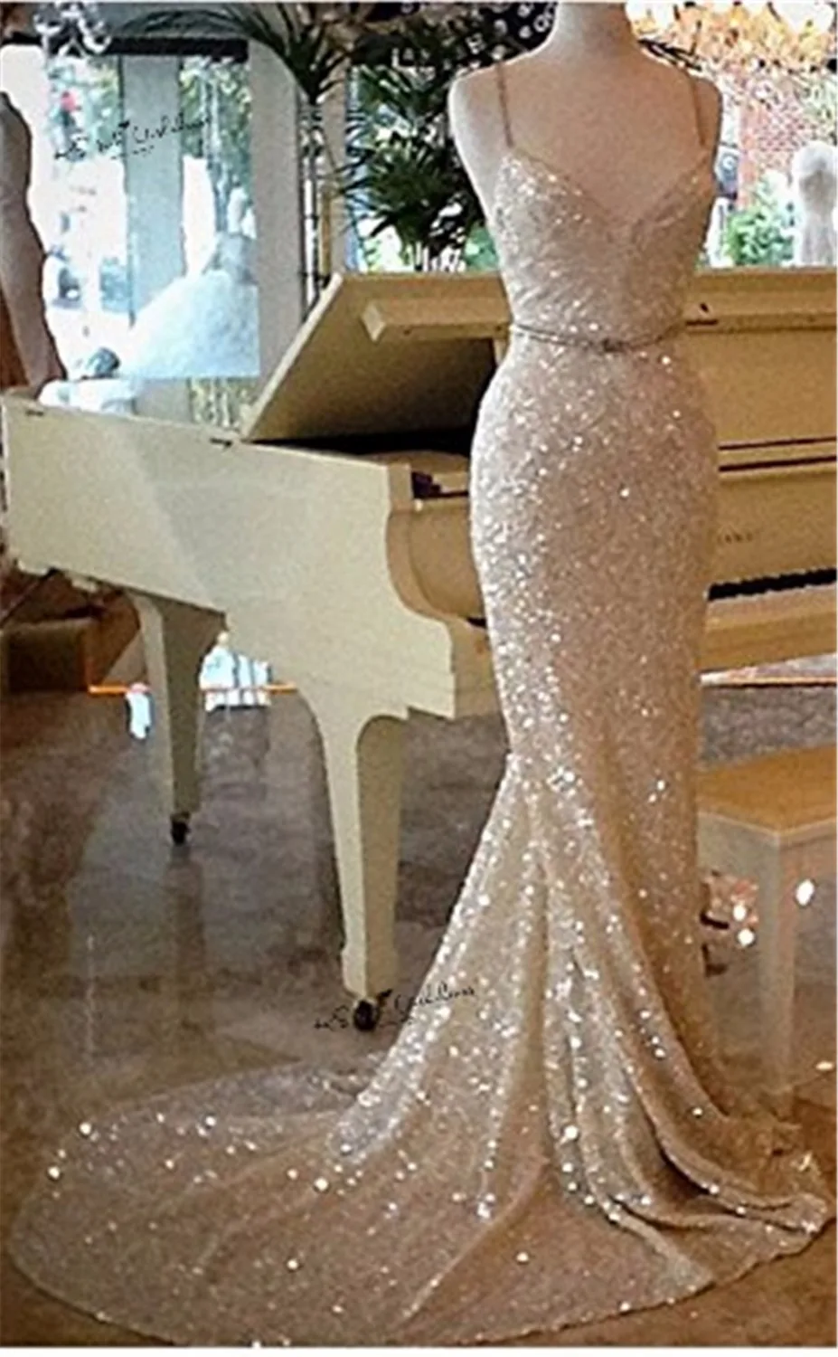 Champagne Gold Sequined Mermaid Evening Dresses Long 2018 Sparky Sweep Train Sexy Prom Party Dress Gowns Robe de Soiree Courte