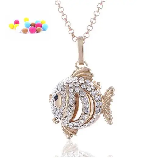 New arrival rhinestone fish pendant statement necklace diffuser oil necklace 1pc necklace with 2pcs random colors felt balls