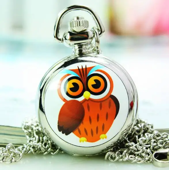 Lovely owl enamel Fashion quartz Silver white steel Children pendant Modern hours Necklace pocket watches gift