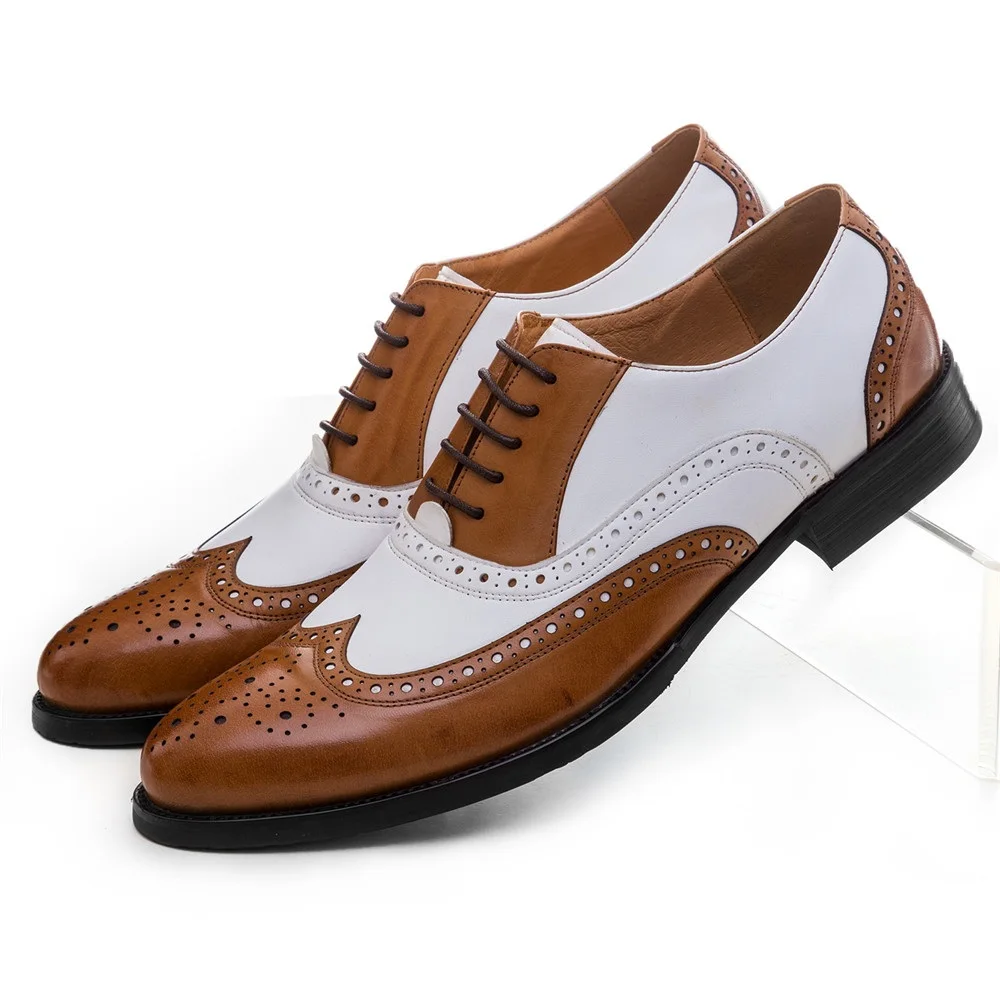 

Large Size EUR45 Black White / Brown White Mens Wedding Shoes Genuine Leather Dress Shoes Formal Oxfords Shoes