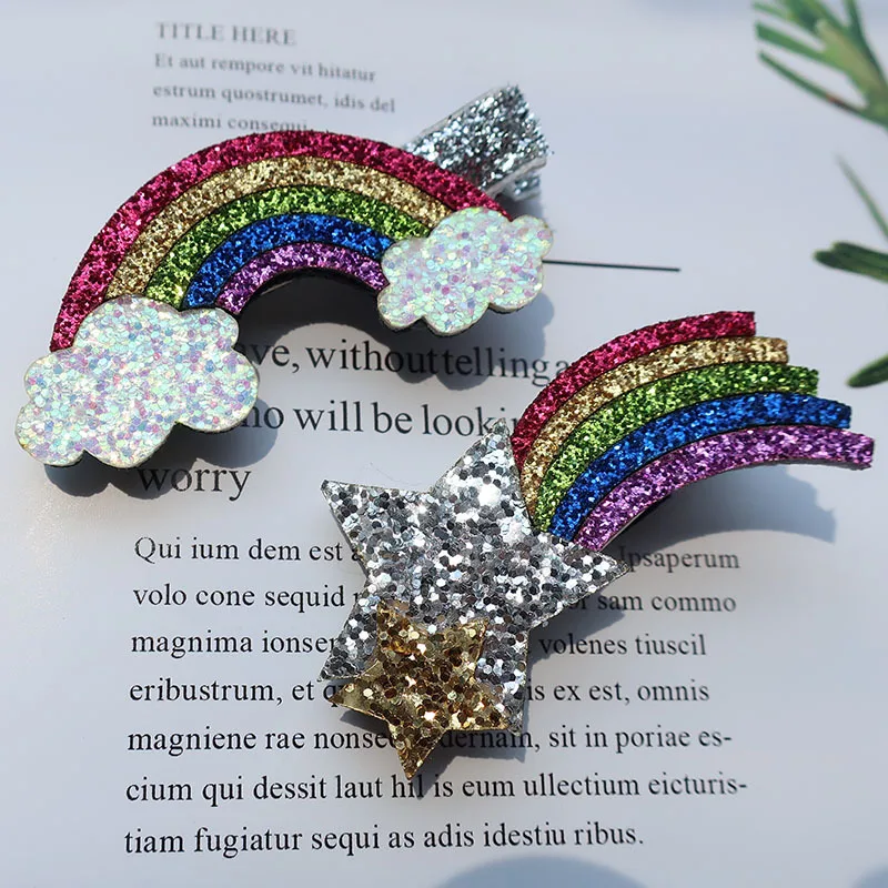 

Boutique 10pcs Fashion Cute Glitter Rainbow Hairpins Kawaii Gold Star Felt Hair Clips Party Headwear Princess Hair Accessories