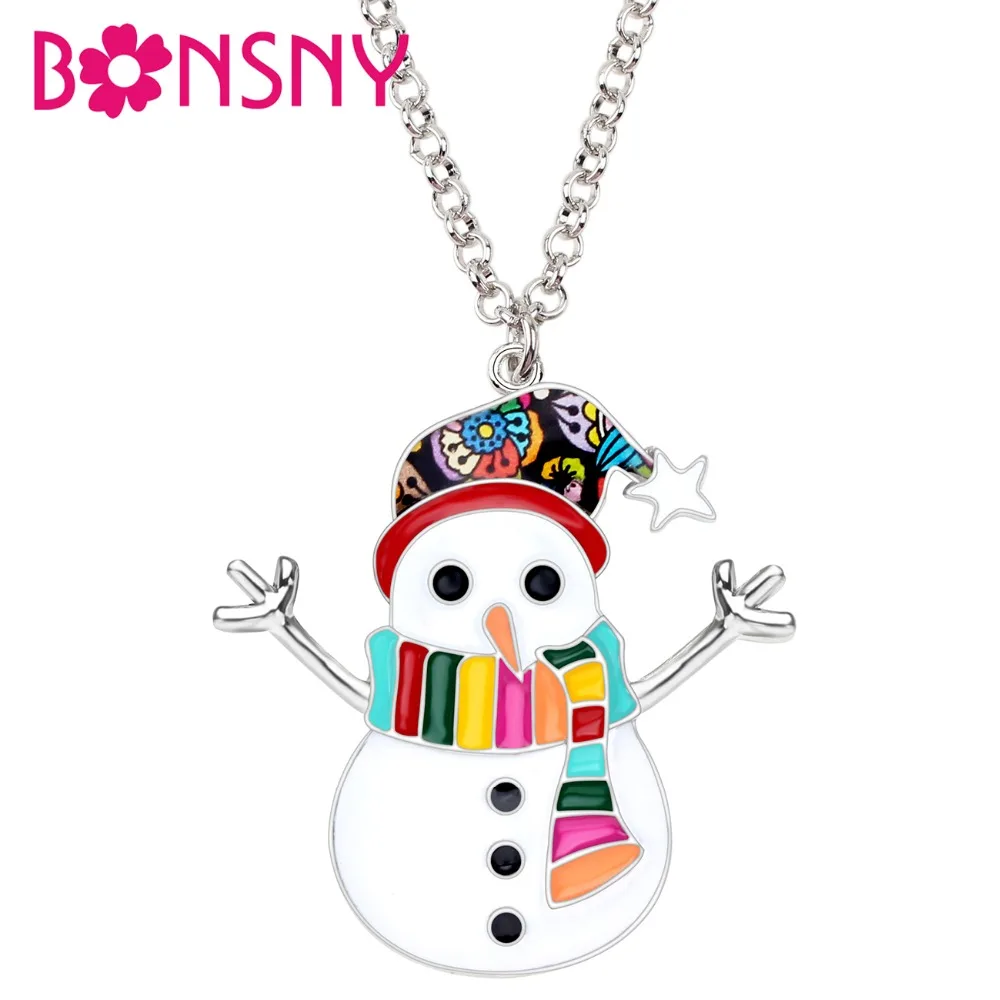 Bonsny Enamel Alloy Christmas Cartoon Star Snowman Necklace Pendant Chains Collars Gift Jewelry For Women Girls Kid Xmas Party