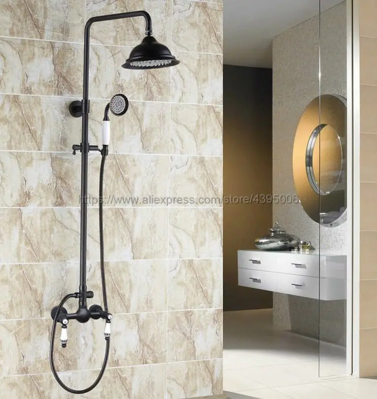 Black Oil Rubbed Bronze Wall Mount Shower Set Faucet Double Handle with Handshower + Bathroom Shower Mixer Tap Brs511