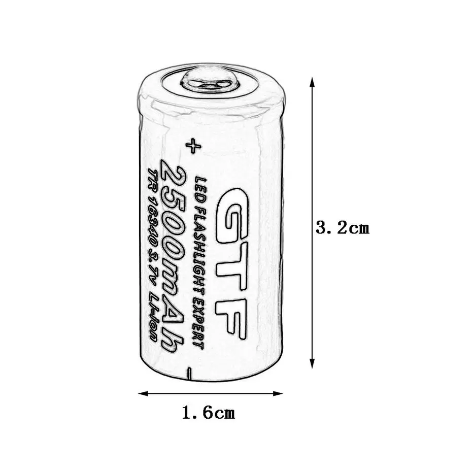 GTF 1pcs Universal 16340 2500mAh 3.7V Li-ion Rechargeable Batteries For Flashlight Headlamp