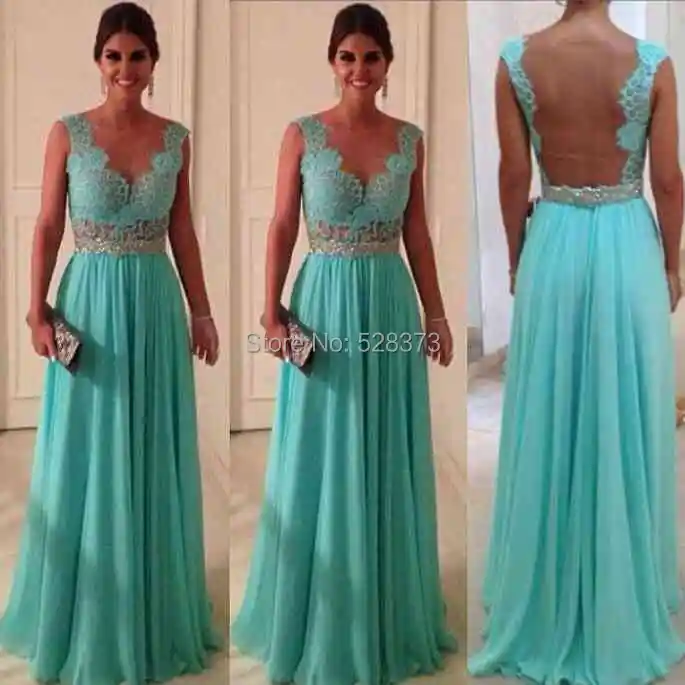 YNQNFS IED30 Sheer Backless Chiffon Elegant Evening Dress Wedding Party Robe Vestido de Festa Longo Turquoise Green