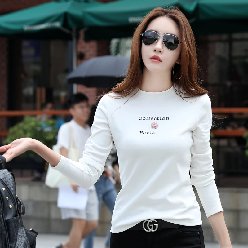 New Design T Shirt Women Long Sleeve Cotton T-shirts Autumn Winter Tops Tees Fashion Appliques Letter Print Female T-shirt Shirt