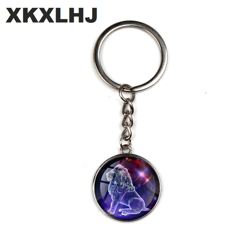 XKXLHJ New 12 Constellation Art Picture Bump Glass Key Chain, Virgo, Leo, Aries, Gemini. Fashion Lady Lucky Keychain Jewelry