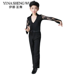 Boys Lace Professional Ballroom Latin Dance Competition Costume Set Shirt And Trousers Boy Professional Latin Salsa Dance Wear