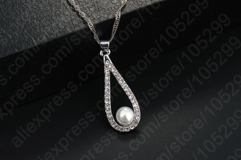 Real 925 Silver Needle Shiny CZ Crystal Water Drop Pearl Necklaces For Woman Fine Jewelry Wedding Earring Set Gift Hot